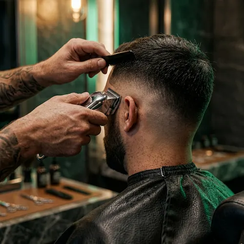 Corte degradado fade profesional en barbería